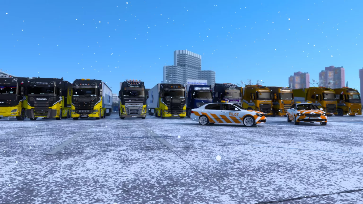Konwój w śniegu ETS2 Truckers MP z pilotami